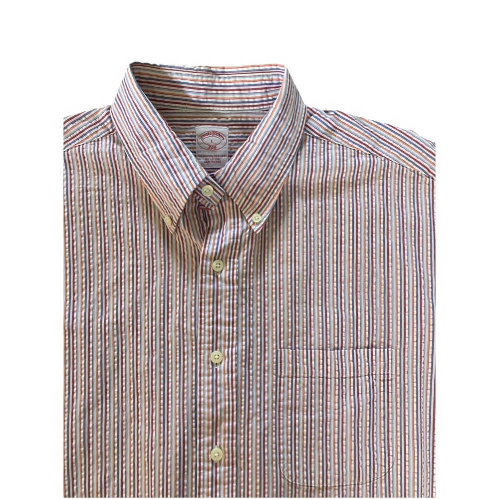 Brooks‎ Brothers Seersucker Colorful Short Sleeve Button Shirt Stripe Size Large